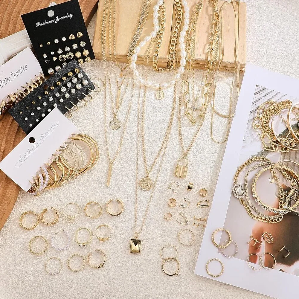 Golden Jewelry Set Women 124 pcs Layered Necklaces Bracelets Rings Earrings